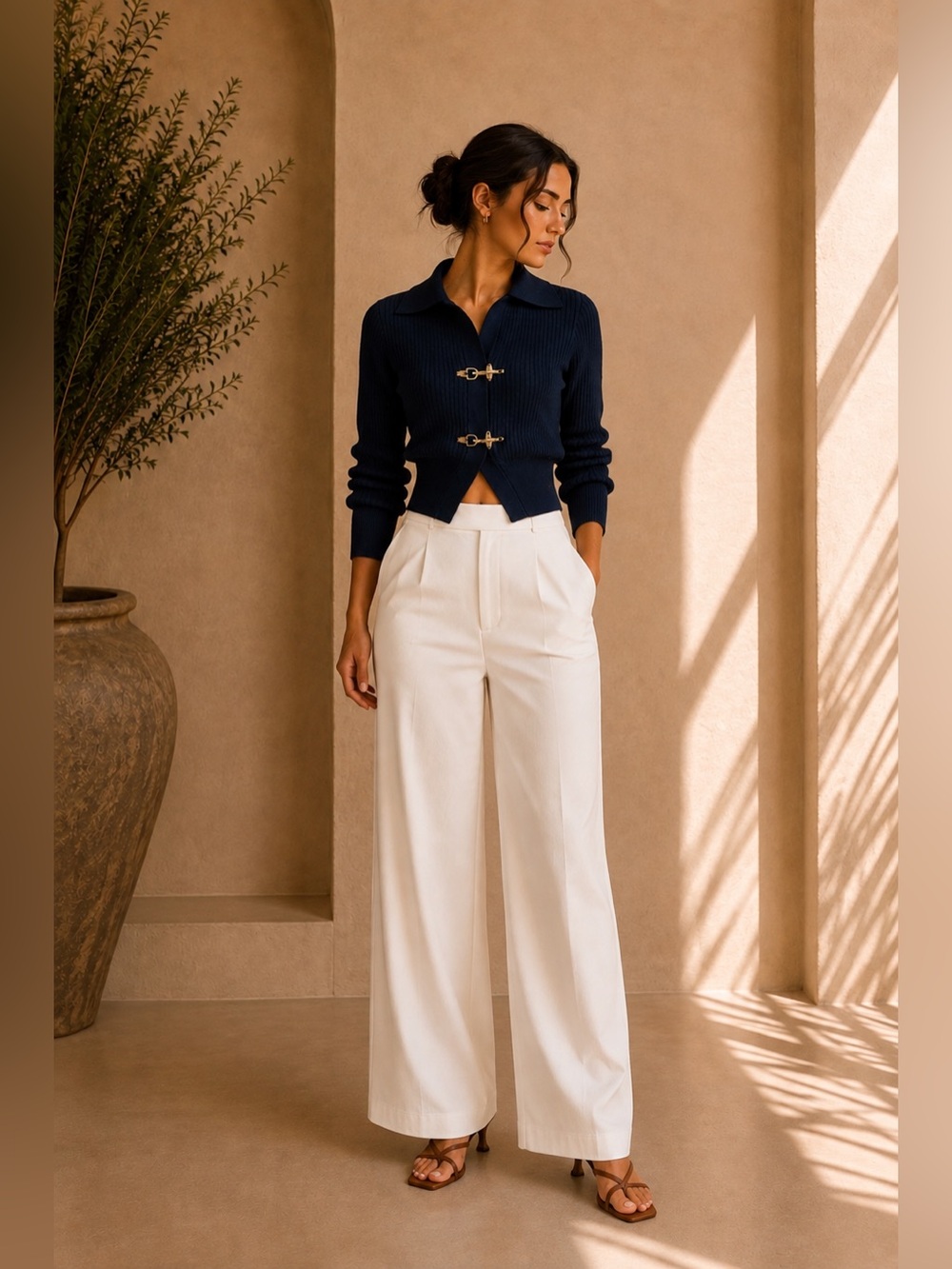 Commense Navy Metal Buckle Ribbed Cropped Cardigan XS | Preppy Fall Knit